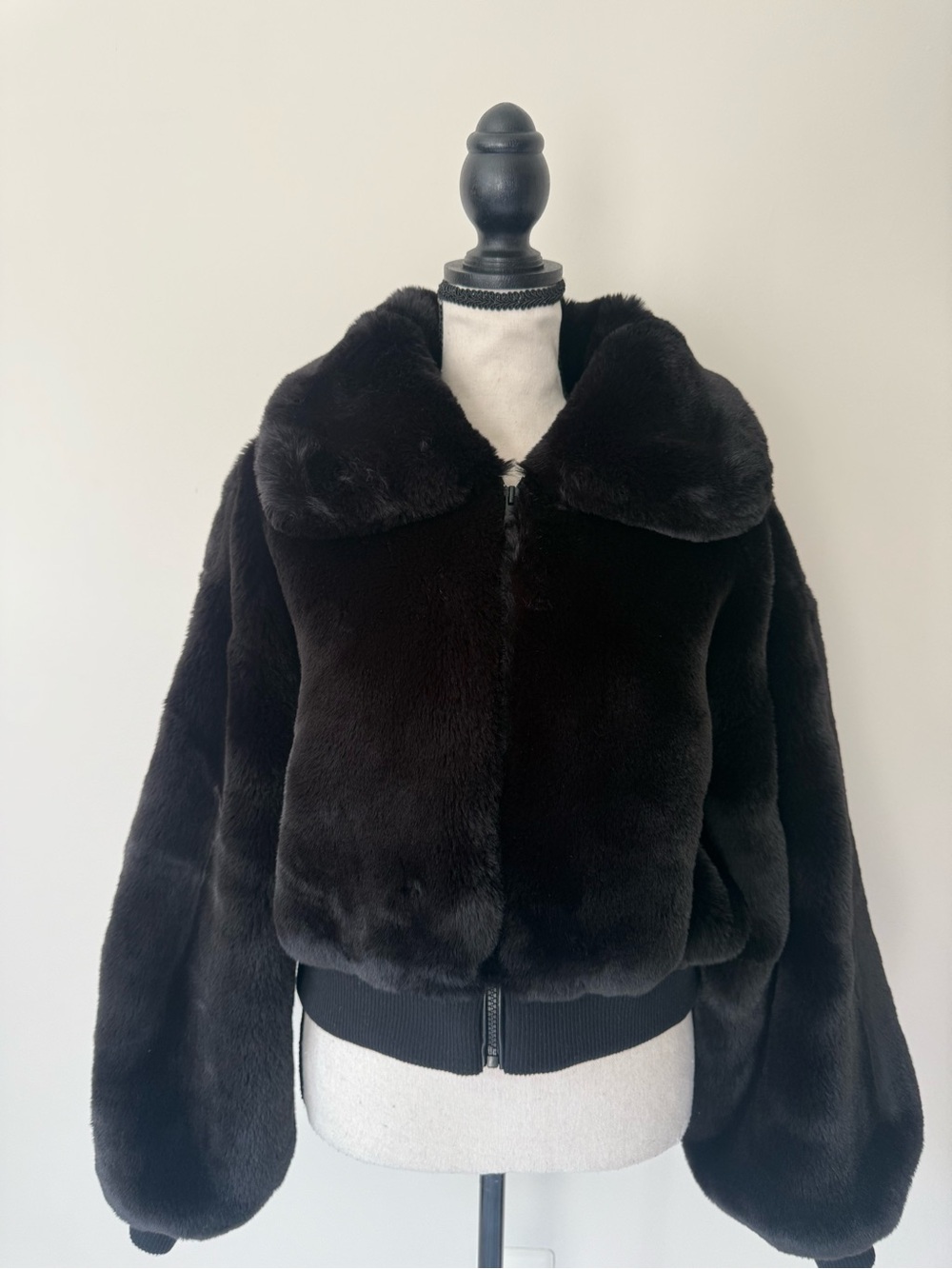 Plush Faux Fur Bomber Jacket - Black